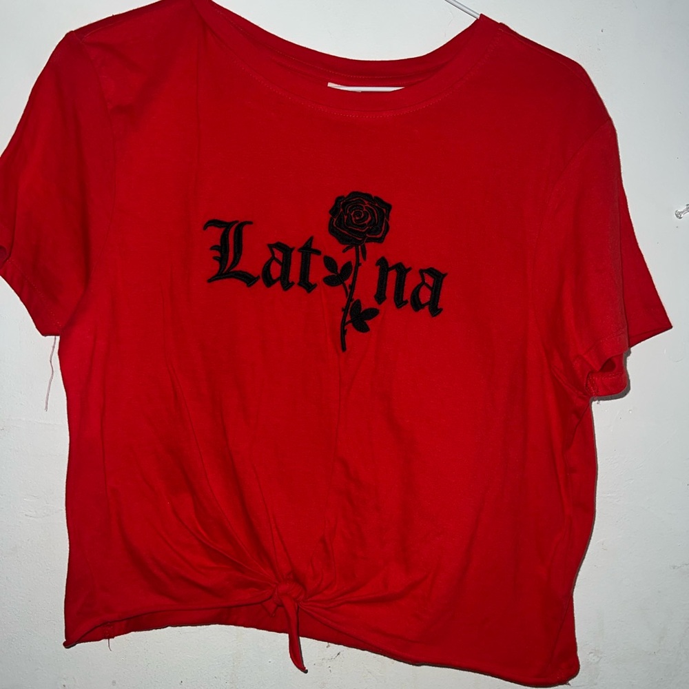 Chic Red Graphic Tee with Rose Accent